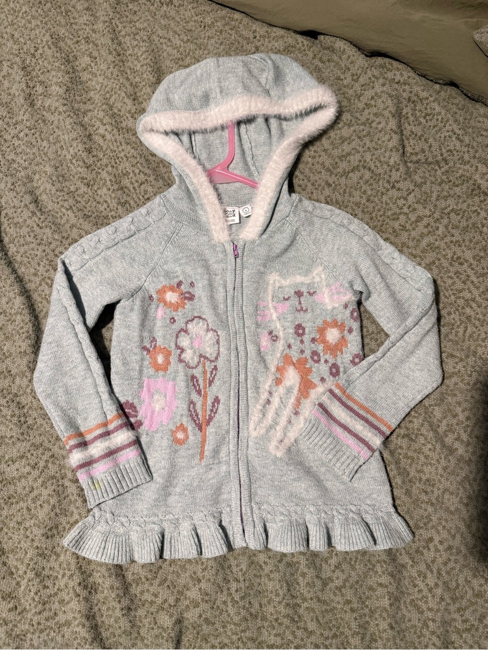 deux par deux Light Gray Hooded Knit Cardigan with Floral & Cat Accents